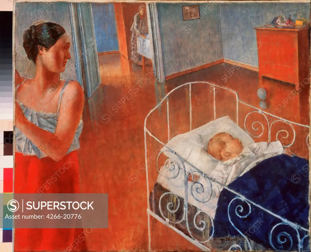 Sleeping Child by Petrov-Vodkin, Kuzma Sergeyevich (1878-1939)/ State Art Museum of Turkmenian Republic, Ashkhabad/ 1924/ Russia/ Oil on canvas/ Russian Painting, End of 19th - Early 20th cen./ 46x55/ Genre
