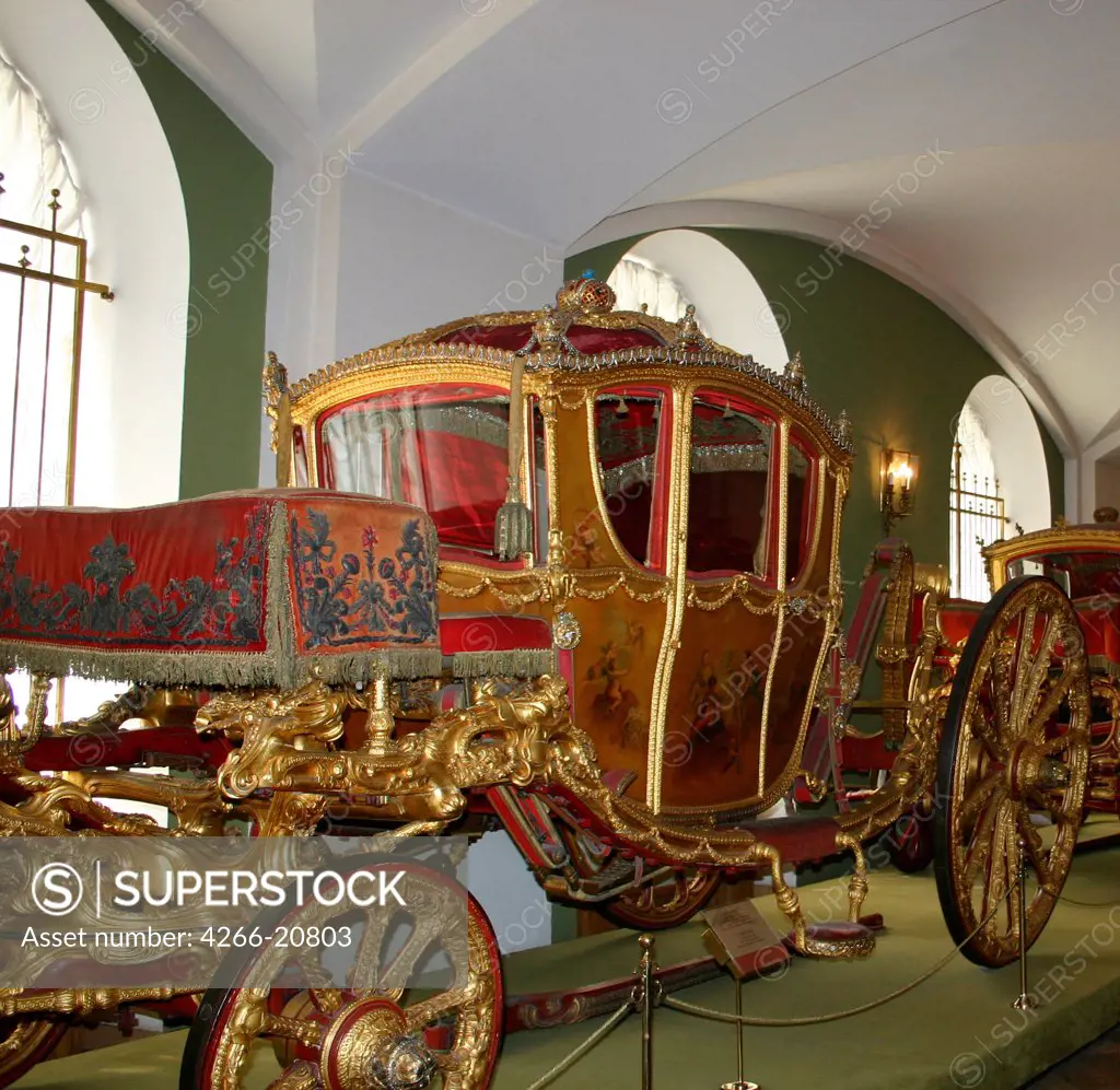 Empress Catherine II's Coach Berline by Buckendahl, Johann Konrad (active Mid of 18th cen.)/ State Armoury Chamber in the Kremlin, Moscow/ 1769/ Germany/ Wood, metal/ Rococo/ History,Objects