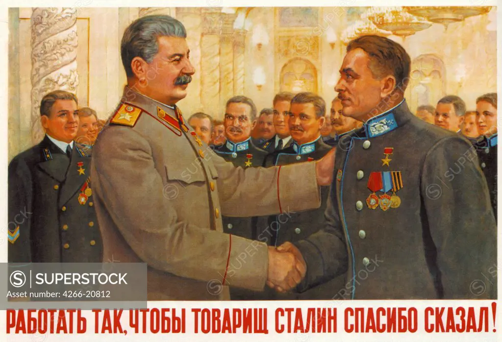 Work well, so that comrade Stalin will say thank you! by Pravdin, Vladislav Grigoryevich (*1916)/ Russian State Library, Moscow/ 1949/ Russia/ Colour lithograph/ Soviet political agitation art/ Poster and Graphic design