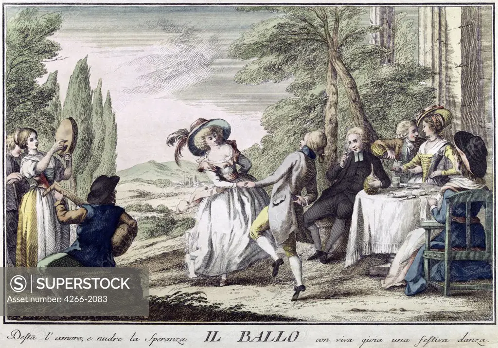 Dancing by Giuseppe Piattoli, color lithograph, 1790, circa 1743-1823, private Cpcollection