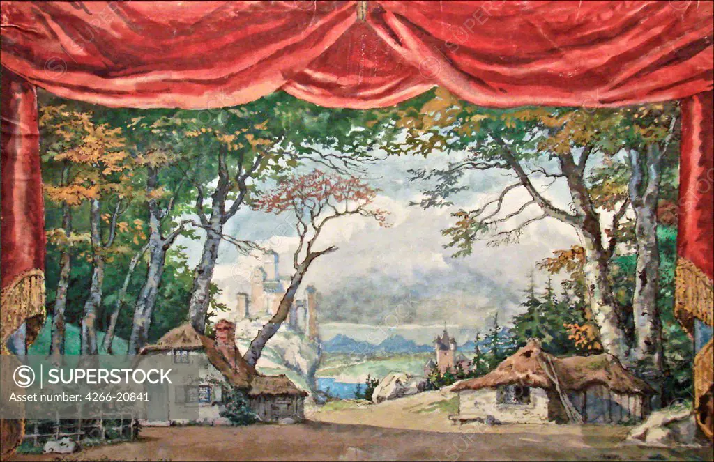 Stage design for the ballet Giselle by A. Adam by Benois, Alexander Nikolayevich (1870-1960)/ Private Collection/ 1948/ Russia/ Watercolour, Gouache on Paper/ Theatrical scenic painting/ 47,5x66,5/ Opera, Ballet, Theatre