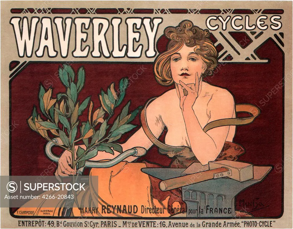 Waverley Cycles by Mucha, Alfons Marie (1860-1939)/ Private Collection/ 1896/ Czechia/ Colour lithograph/ Art Nouveau/ Poster and Graphic design