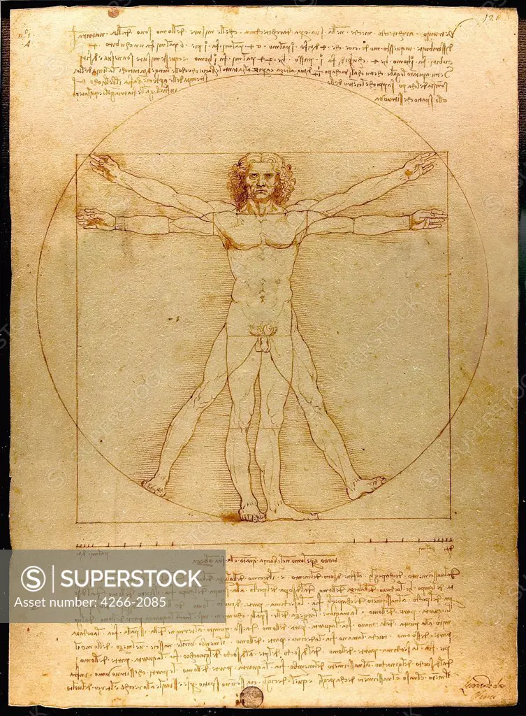Vitruvian Man by Leonardo da Vinci, pen, brown Indian ink on paper, 1492, 1452-1519, Italy, Venice, Gallerie dell' Accademia, 34, 4x24, 5