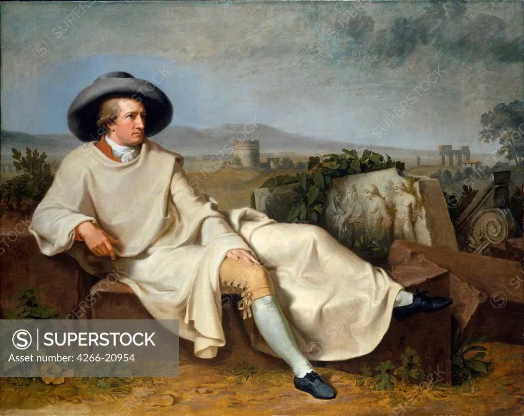 Goethe in the Campagna by Tischbein, Johann Heinrich Wilhelm (1751-1829)/ Stadtische Galerie im Stadelschen Kunstinstitut, Frankfurt am Main/ 1787/ Germany/ Oil on canvas/ Classicism/ 164x206/ Portrait