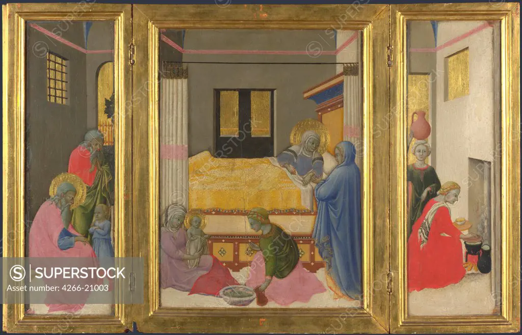 The Birth of the Virgin by Master of the Osservanza Triptych (active 1430-1480)/ National Gallery, London/ c. 1440/ Italy, School of Siena/ Tempera on panel/ Medieval art/ 31,9x50,9/ Bible
