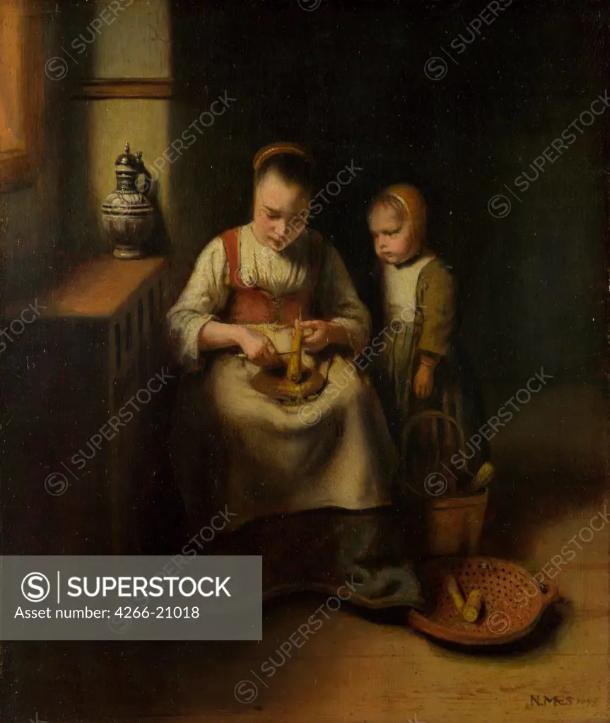 A Woman scraping Parsnips, with a Child standing by her by Maes, Nicolaes (1634-1693)/ National Gallery, London/ 1655/ Holland/ Oil on wood/ Baroque/ 35,6x29,8/ Genre