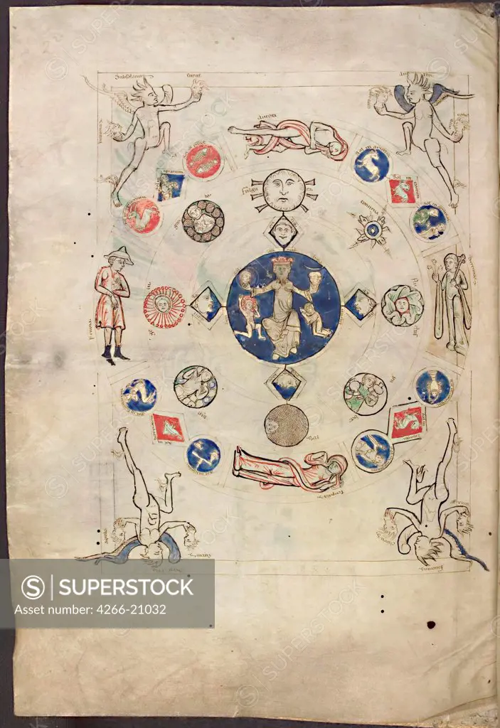 Miniature 'Annus' from Liber Scivias by Hildegard of Bingen by Anonymous  / Library of the Ruprecht Karl University, Heidelberg/ ca 1220/ Germany/ Watercolour on parchment/ Gothic/ Music, Dance,Bible,Mythology, Allegory and Literature