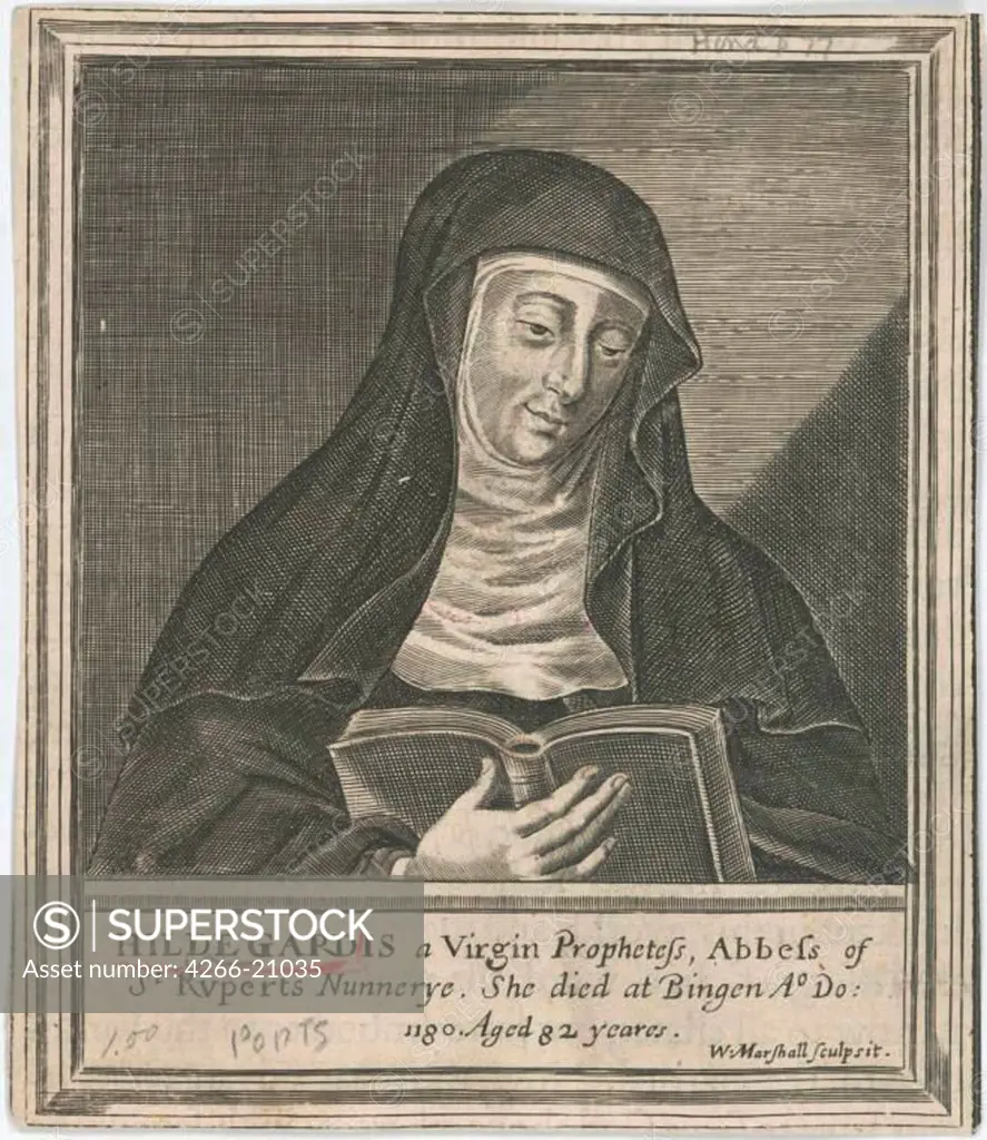 Hildegard of Bingen by Anonymous  / Private Collection/ 17th century/ Holland/ Copper engraving/ Baroque/ Portrait