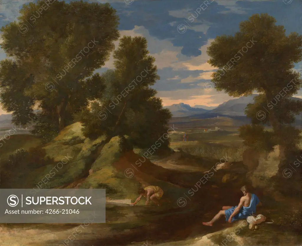 Landscape with a Man scooping Water from a Stream by Poussin, Nicolas (1594-1665)/ National Gallery, London/ ca 1637/ France/ Oil on canvas/ Baroque/ 63x77,7/ Landscape,Genre