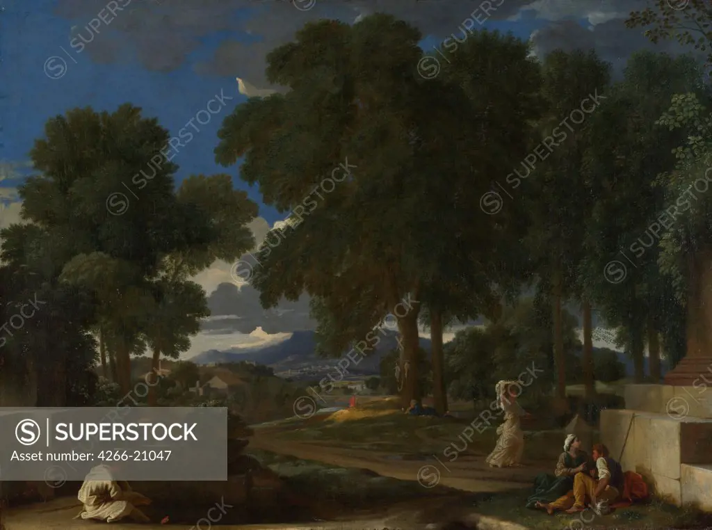 Landscape with a Man washing his Feet at a Fountain by Poussin, Nicolas (1594-1665)/ National Gallery, London/ 1648/ France/ Oil on canvas/ Baroque/ 74x100,3/ Landscape,Genre