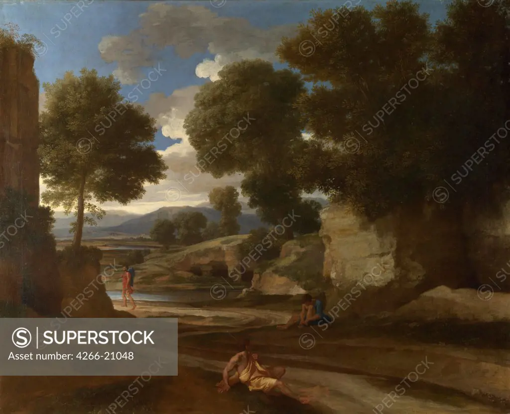 Landscape with Travellers Resting by Poussin, Nicolas (1594-1665)/ National Gallery, London/ ca 1638/ France/ Oil on canvas/ Baroque/ 63x77,8/ Landscape,Genre