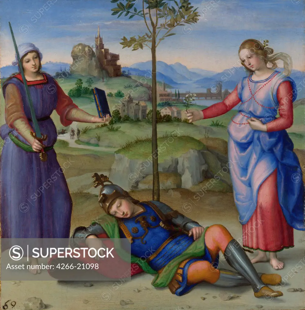 An Allegory (Vision of a Knight) by Raphael (1483-1520)/ National Gallery, London/ c. 1504/ Italy, Roman School/ Oil on wood/ Renaissance/ 17,1x17,3/ Mythology, Allegory and Literature