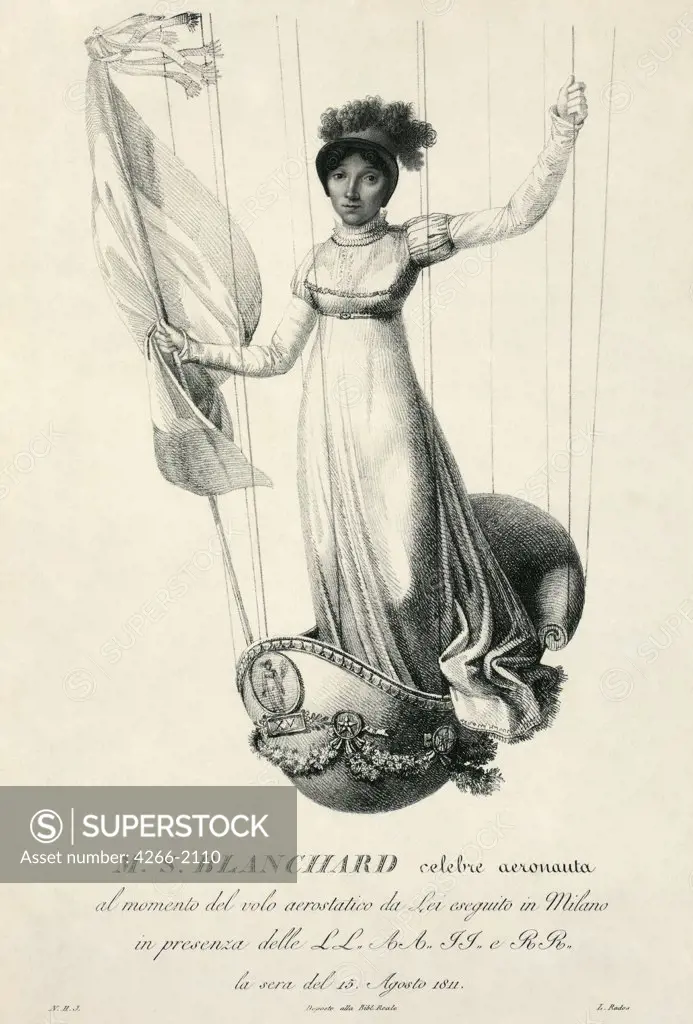 Woman flying on balloon by Luigi Rados, copper engraving, 1811, 1773-1840, Private Collection