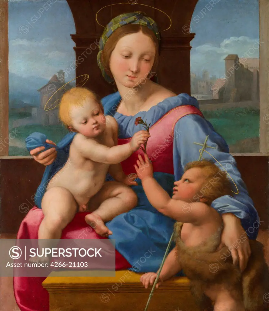 The Madonna and Child with the Infant Baptist (The Garvagh Madonna) by Raphael (1483-1520)/ National Gallery, London/ ca 1509-1510/ Italy, Roman School/ Oil on wood/ Renaissance/ 38,9x32,9/ Bible