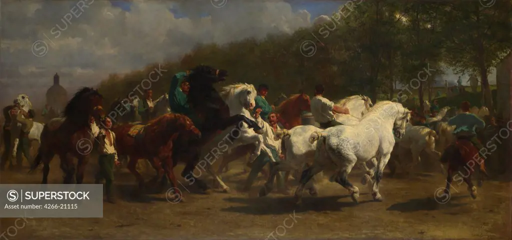 The Horse Fair by Bonheur, Rosalie (Rosa) (1822-1899)/ National Gallery, London/ 1855/ France/ Oil on canvas/ Realism/ 120x254,6/ Landscape,Genre,Animals and Birds