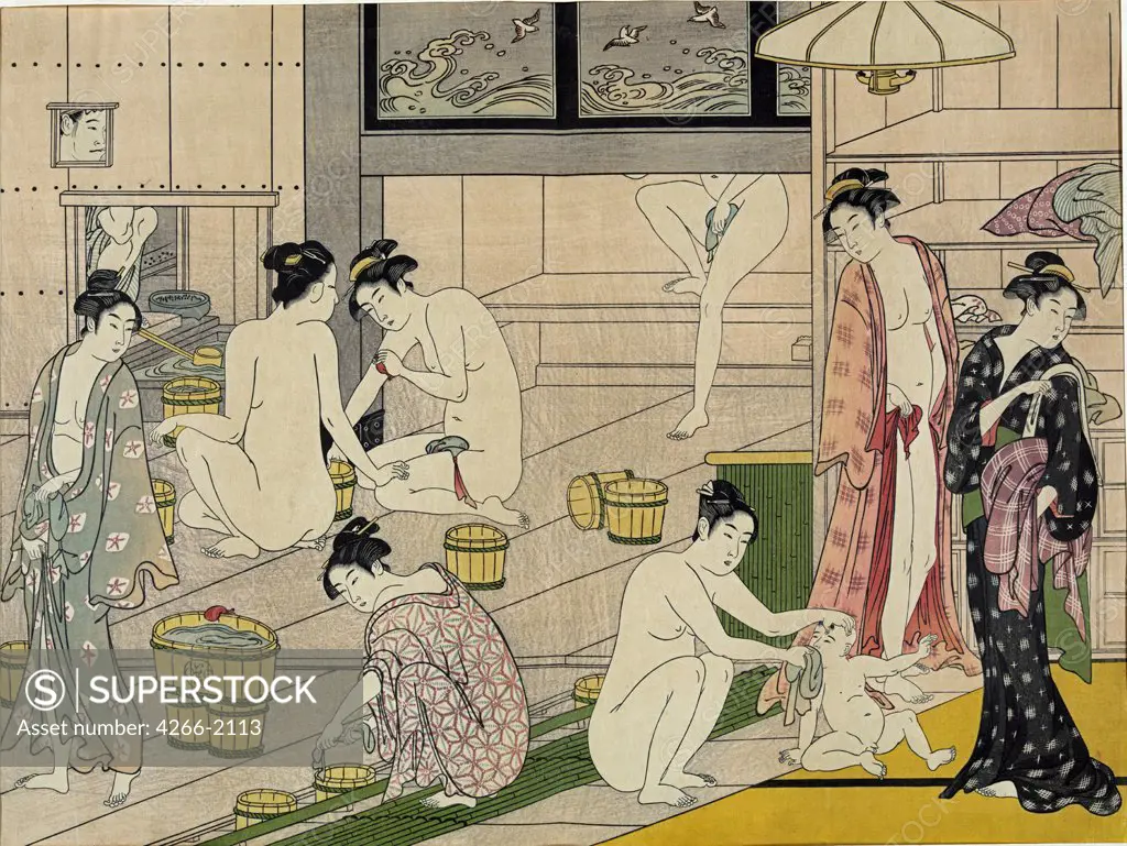 Bathing Place by Torii Kiyonaga, color woodcut, 1790s, 1752-1815, Private Collection, 18x13, 5
