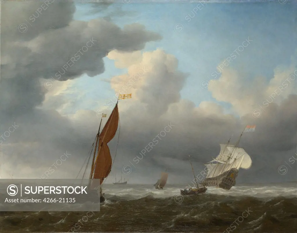 A Dutch Ship and Other Small Vessels in a Strong Breeze by Velde, Willem van de, the Younger (1633-1707)/ National Gallery, London/ 1658/ Holland/ Oil on canvas/ Baroque/ 55x70/ Landscape