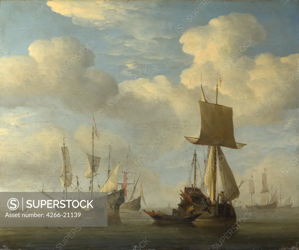 An English Vessel and Dutch Ships Becalmed by Velde, Willem van de, the Younger (1633-1707)/ National Gallery, London/ c. 1660/ Holland/ Oil on canvas/ Baroque/ 22,7x27,6/ Landscape