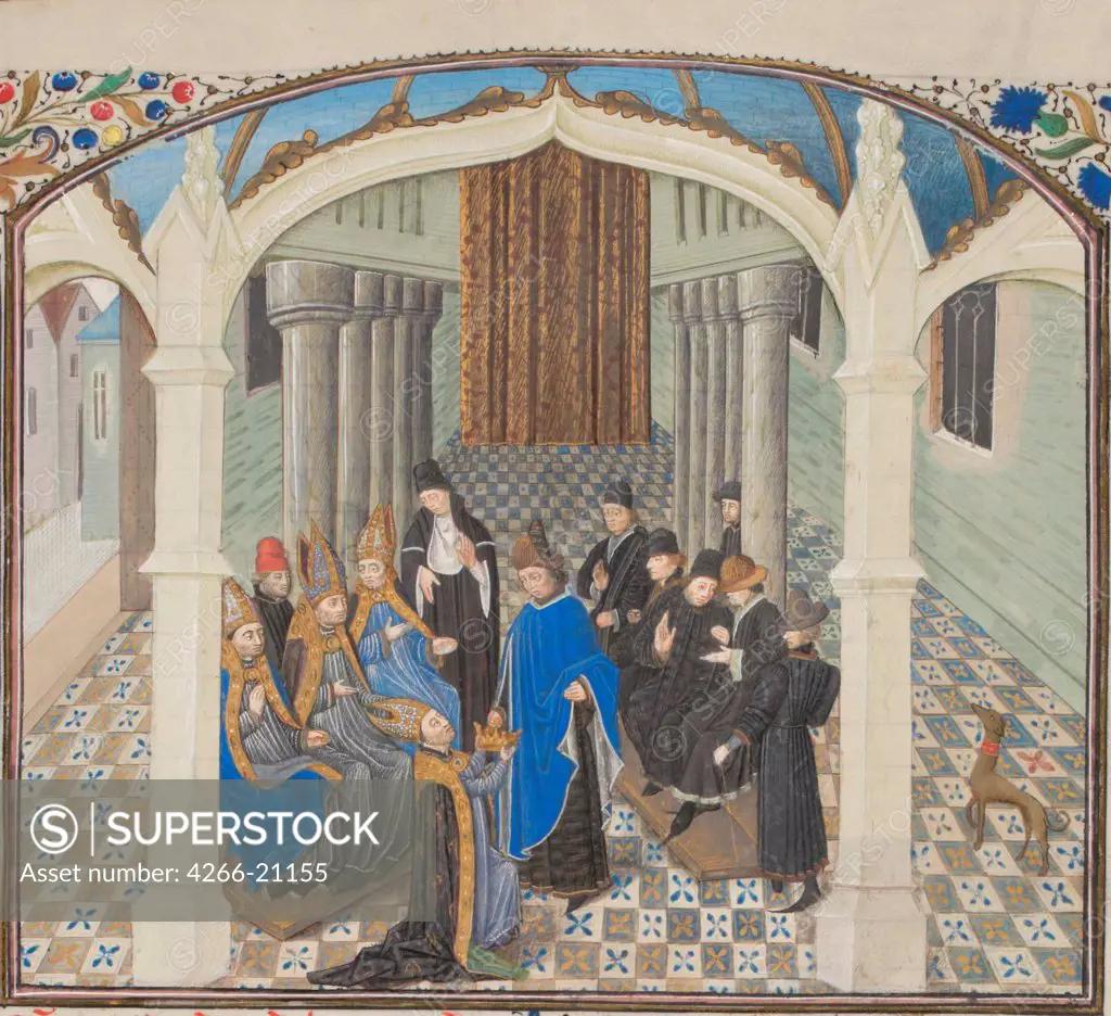 The coronation of Baldwin II on 1118. Miniature from the 'Historia' by William of Tyre by Anonymous  / Bibliotheque de Geneve/ 1460s/ France/ Watercolour on parchment/ Medieval art/ History