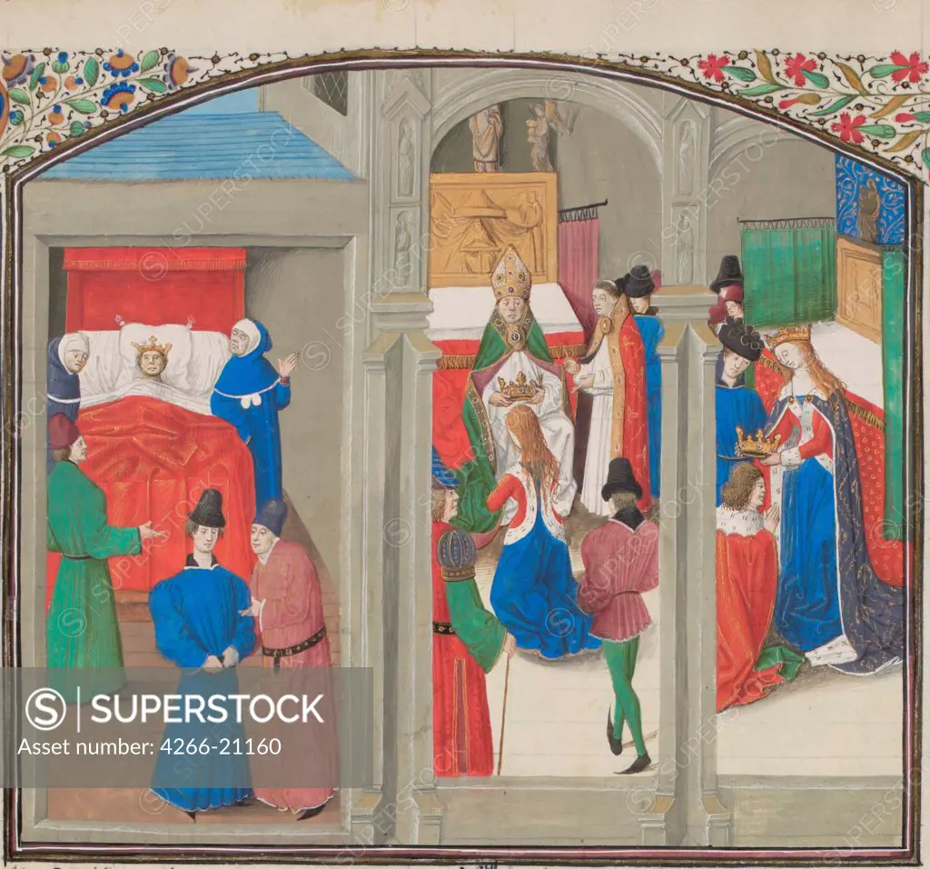 Death of Baldwin IV. Coronation of Guy of Lusignan. Miniature from the 'Historia' by William of Tyre by Anonymous  / Bibliotheque de Geneve/ 1460s/ France/ Watercolour on parchment/ Medieval art/ History