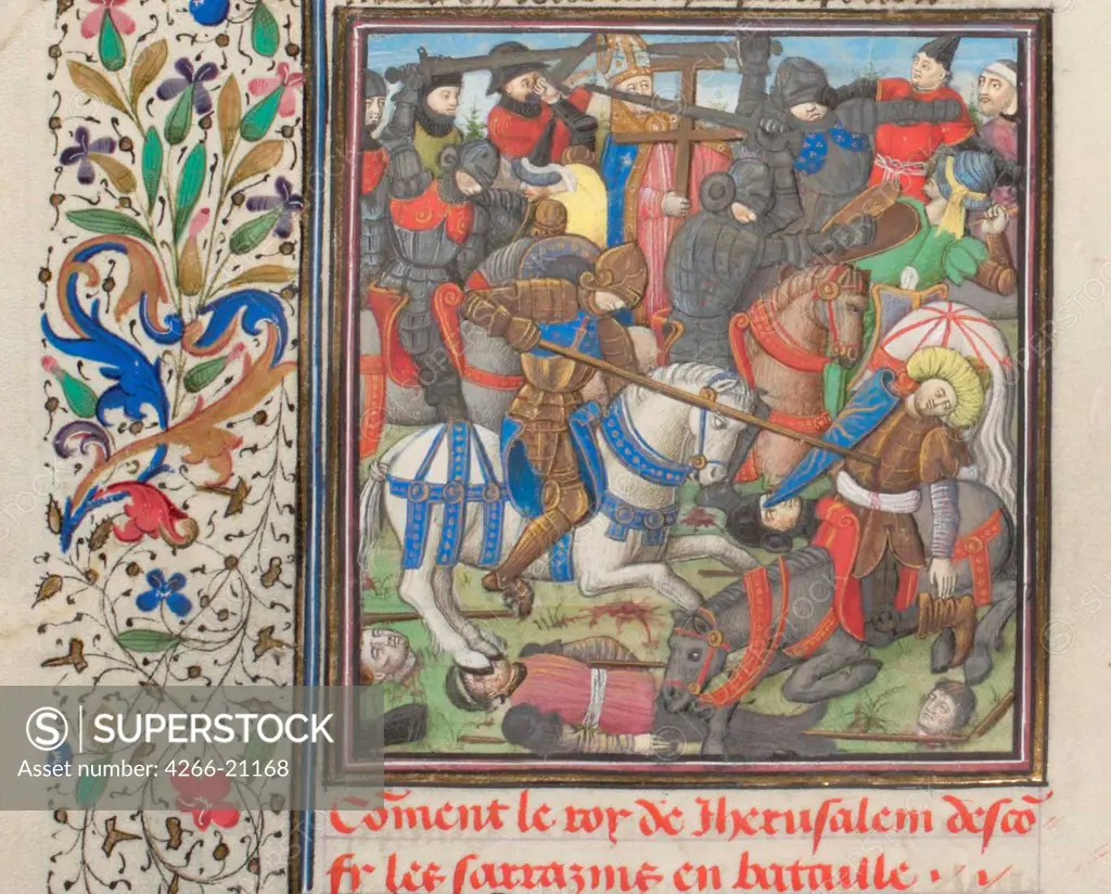 The battle between the Crusaders and Saracens. Miniature from the 'Historia' by William of Tyre by Anonymous  / Bibliotheque de Geneve/ 1460s/ France/ Watercolour on parchment/ Medieval art/ History