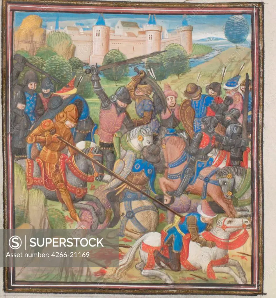 Battle between Crusaders under Baldwin II of Jerusalem and the Saracens. Miniature from the 'Historia' by William of Tyre by Anonymous  / Bibliotheque de Geneve/ 1460s/ France/ Watercolour on parchment/ Medieval art/ History
