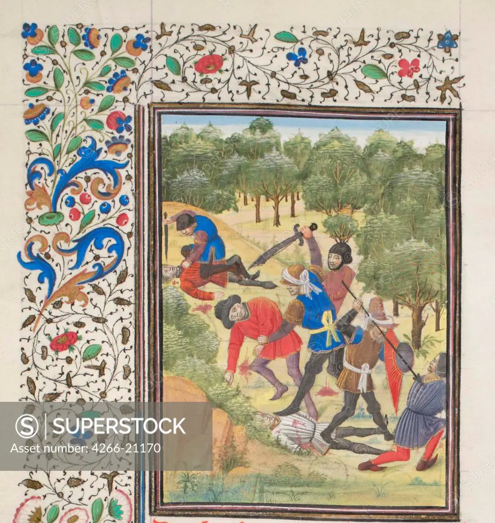 Fight in a wood between Christians and Saracens. Miniature from the 'Historia' by William of Tyre by Anonymous  / Bibliotheque de Geneve/ 1460s/ France/ Watercolour on parchment/ Medieval art/ History