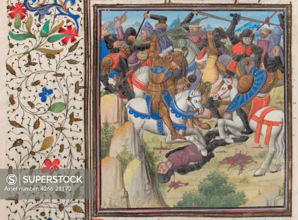 Fight between Christians and Saracens under Saladin. Miniature from the 'Historia' by William of Tyre by Anonymous  / Bibliotheque de Geneve/ 1460s/ France/ Watercolour on parchment/ Medieval art/ History
