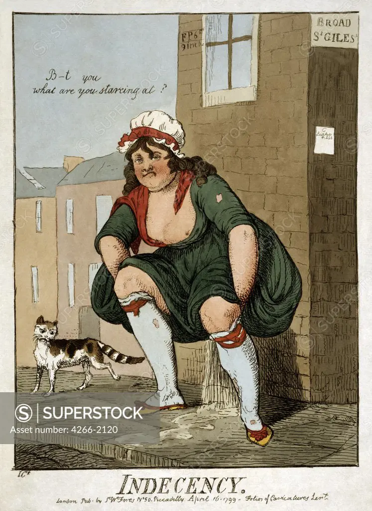 Urinating woman by Isaac Robert Cruikshank, copper engraving, watercolor, 1799, 1789-1856 Private Collection