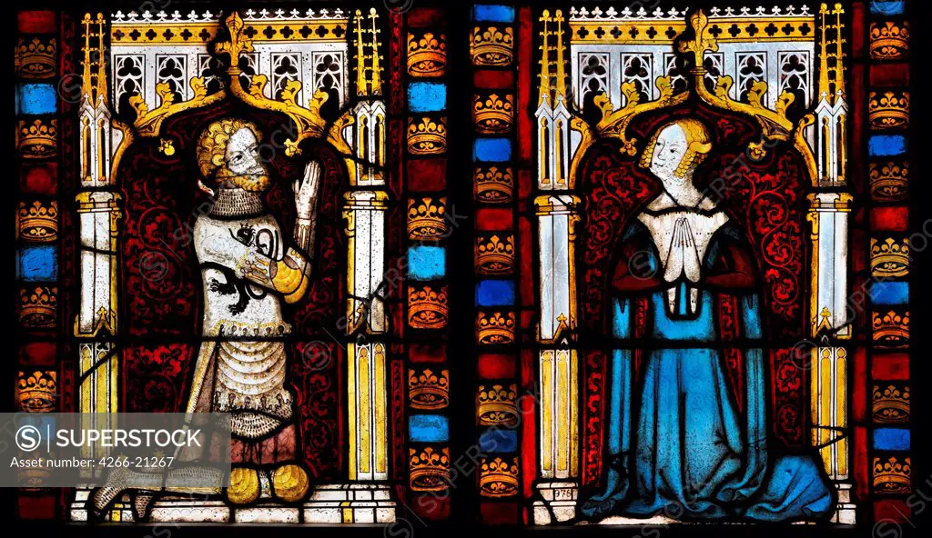 A lord and his wife by Netherlandish master  / Royal Museums of Art and History, Brussels/ Mid of the 14th cen./ The Netherlands/ Stained glass/ Early Netherlandish Art/ Genre,Objects
