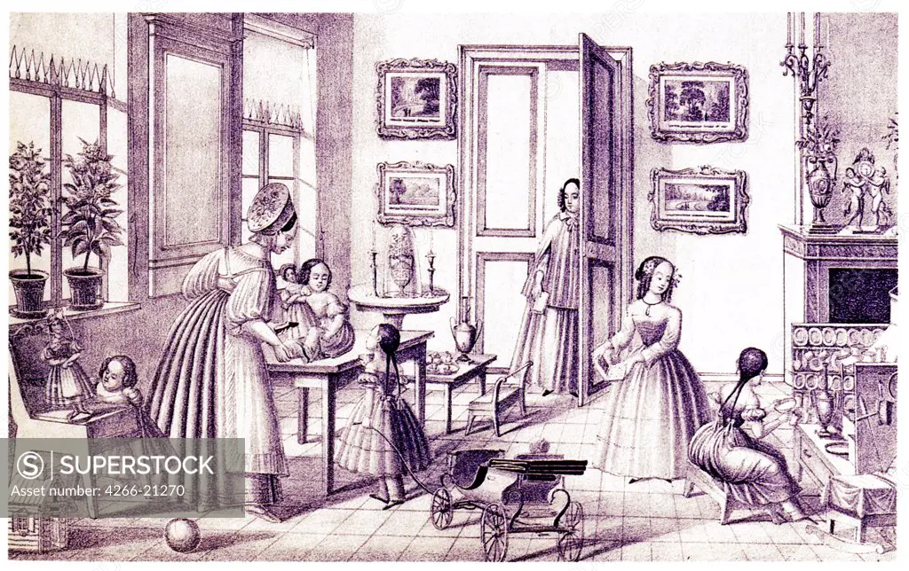 Children's Room by Vdovichev, P. (active First Half of 19th cen.)/ State Russian Museum, St. Petersburg/ Early 19th cen./ Russia/ Lithograph/ Romanticism/ 19,2x31,4/ Architecture, Interior,Genre
