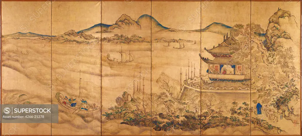 Roukaku Sansui Zu (Landscape with tower) Right of a pair of six-section folding screens by Ike no Taiga (1723-1776)/ Tokyo National Museum/ c. 1750/ Japan/ Watercolour and ink on paper/ The Oriental Arts/ 168,7x745/ Landscape