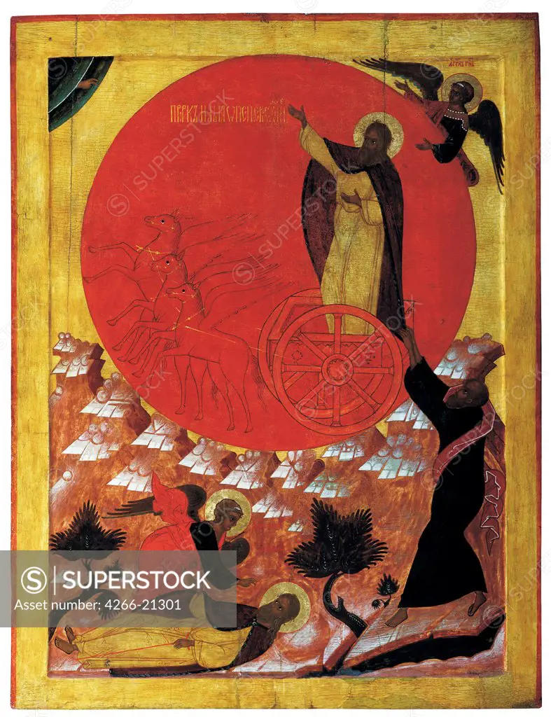 The Prophet Elijah and the Fiery Chariot by Russian icon  / Regional Art Museum, Solvychegodsk/ 1570s/ Russia, Northern School/ Tempera on panel/ Russian icon painting/ Bible