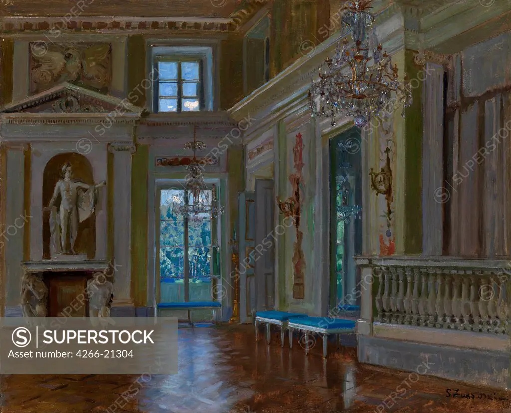 The Ballroom of the Lazienki Palace by Zhukovsky, Stanislav Yulianovich (1873-1944)/ Private Collection/ Poland/ Oil on canvas/ Realism/ 70x86/ Architecture, Interior