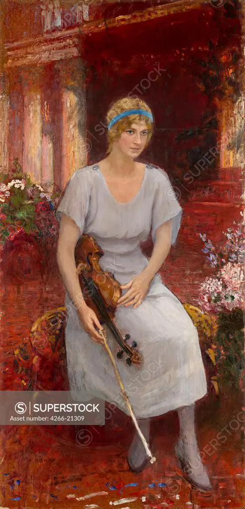 Portrait of the Violinist Cecilia Hansen (1897-1989) by Repin, Ilya Yefimovich (1844-1930)/ Private Collection/ 1922/ Russia/ Oil on cardboard/ Realism/ 193x93/ Music, Dance,Portrait