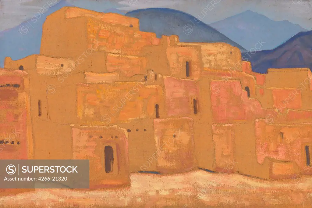 Taos Pueblo, New Mexico by Roerich, Nicholas (1874-1947)/ Private Collection/ ca 1921/ Russia/ Tempera on canvas/ Symbolism/ 49,5x76/ Landscape