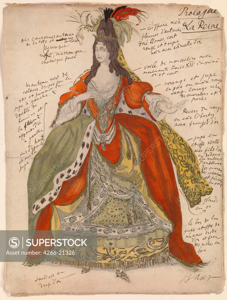 Costume design for the ballet Sleeping Beauty by P. Tchaikovsky by Bakst, Leon (1866-1924)/ Private Collection/ 1921/ Russia/ Pencil, watercolour and gouache on paper/ Theatrical scenic painting/ 33x25/ Opera, Ballet, Theatre