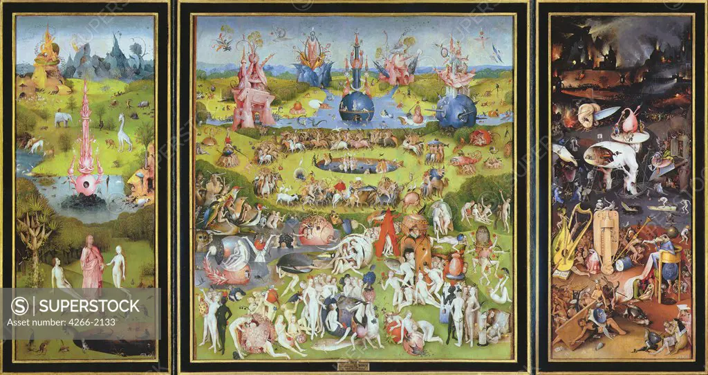 The Garden of Earthly Delights by Hieronymus Bosch, oil on wood, 1500s, 1450-1516, Spain, Madrid, Museo del Prado, 220x389