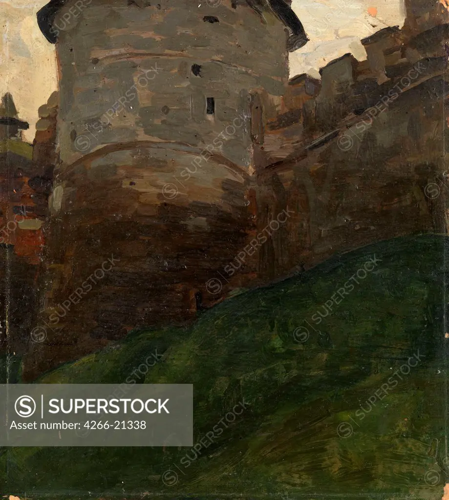 The Novgorod Kremlin Tower by Roerich, Nicholas (1874-1947)/ Private Collection/ c. 1903/ Russia/ Oil on cardboard/ Symbolism/ 26,5x23,5/ Landscape,History