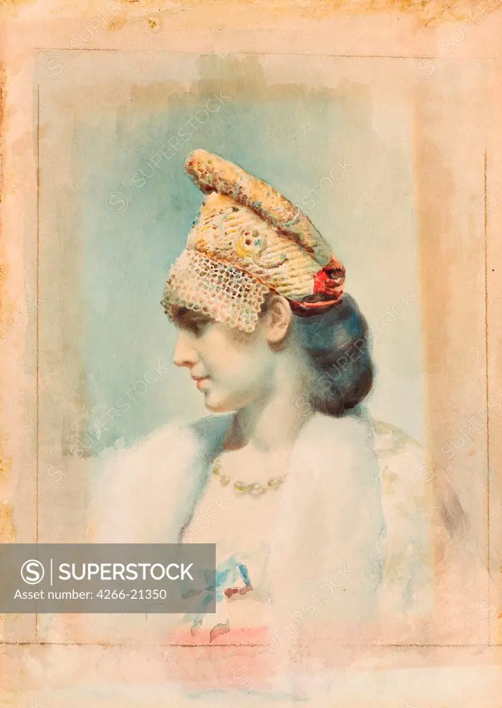 Portrait of a Girl Wearing a Kokoshnik by Bakst, Leon (1866-1924)/ Private Collection/ 1890/ Russia/ Watercolour and white colour on paper/ Art Nouveau/ 40x29/ Portrait