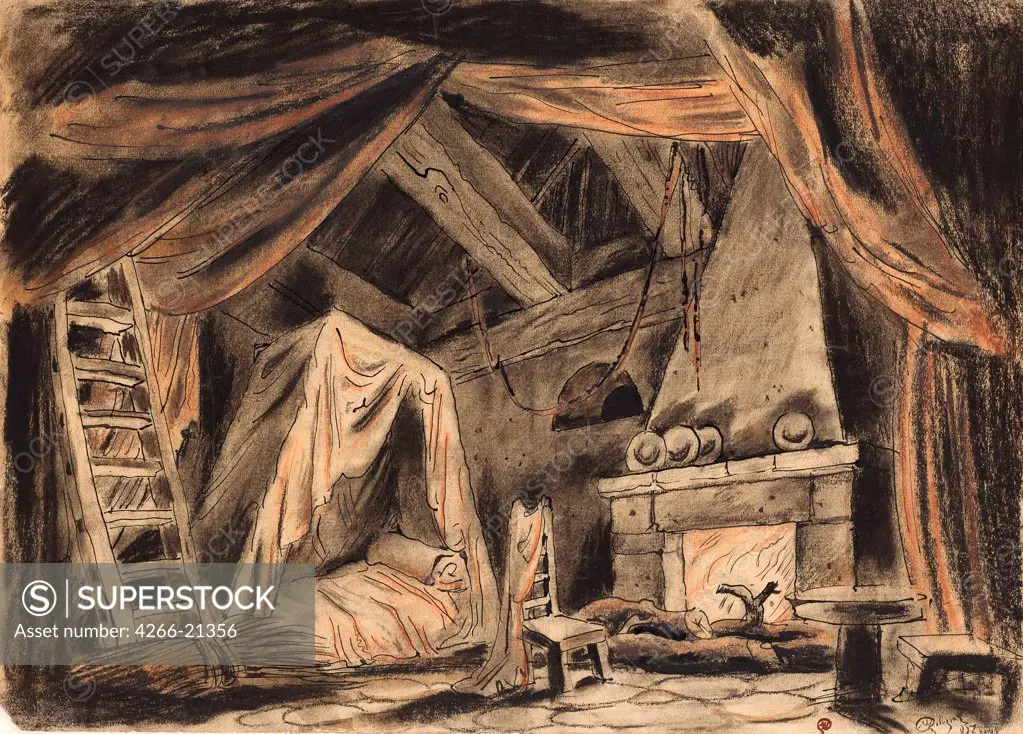 Stage design for the tragedy King Lear by W. Shakespeare by Dobuzhinsky, Mstislav Valerianovich (1875-1957)/ Private Collection/ 1937/ Russia/ Charcoal, pastel and sanguine on cardboard/ Theatrical scenic painting/ 32x45,5/ Opera, Ballet, Theatre