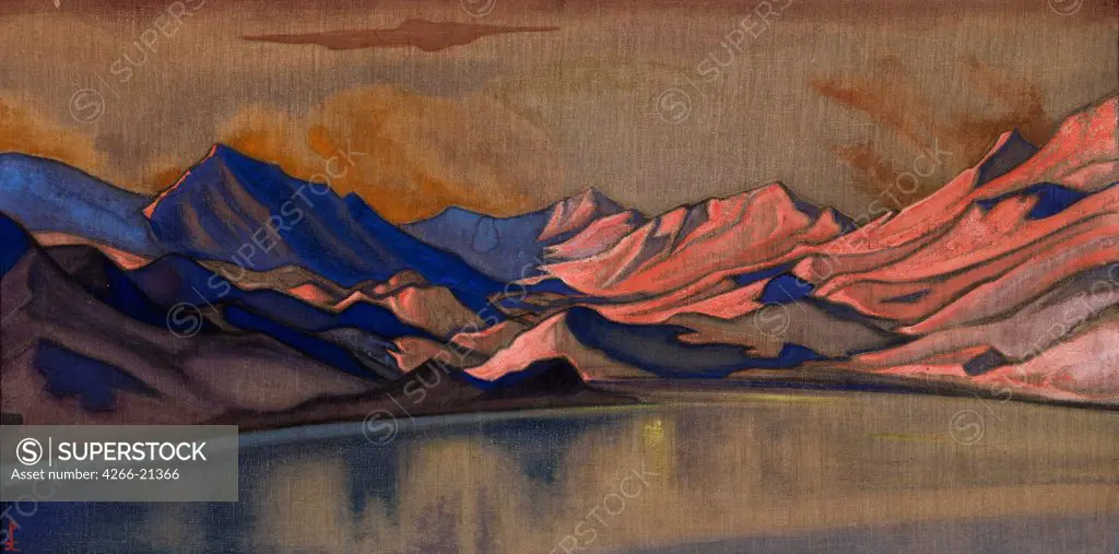 Baralacha by Roerich, Nicholas (1874-1947)/ Private Collection/ 1944/ Russia/ Tempera on canvas/ Symbolism/ 46x92/ Landscape