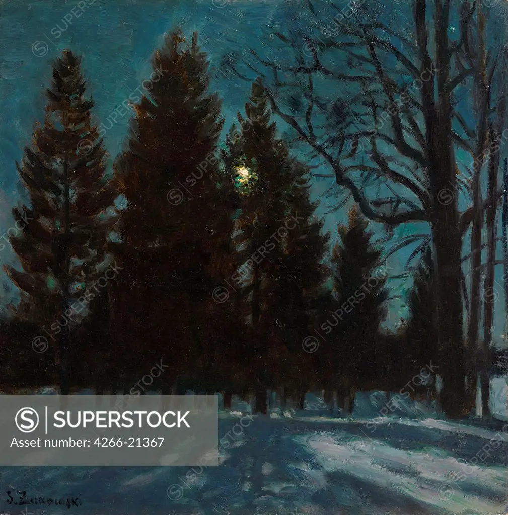 Winter Night by Zhukovsky, Stanislav Yulianovich (1873-1944)/ Private Collection/ 1931/ Poland/ Oil on cardboard/ Realism/ 48x48/ Landscape