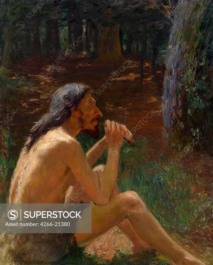 Caveman Playing the Flute by Kuznetsov, Konstantin Pavlovich (1863-1936)/ Private Collection/ Russia/ Oil on canvas/ History painting/ 95x77/ Music, Dance,Genre,History