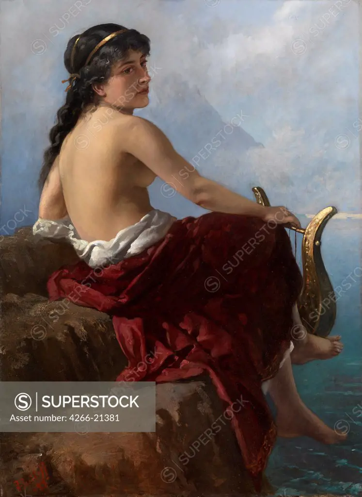 Sappho on the Lefkada's Cliff by Izmailov, Alexander (1869-)/ Private Collection/ 1889/ Russia/ Oil on canvas/ Academic art/ 117x85/ Mythology, Allegory and Literature