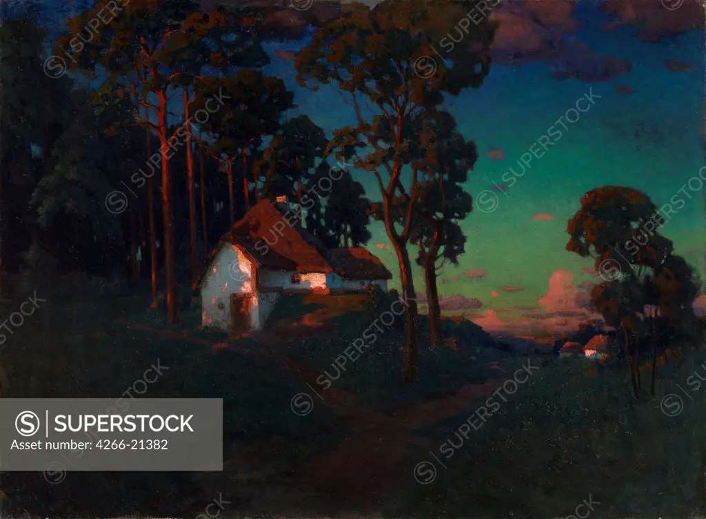 Village at Sunset by Wroblewski, Konstantin (Joseph-Valentin) (1868-1939)/ Private Collection/ 1923/ Poland/ Oil on canvas/ Realism/ 69,5x93,5/ Landscape