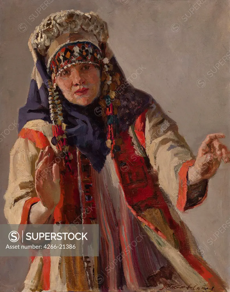 Boyar Maiden by Sokolov-Skalya, Pavel Petrovich (1899-1961)/ Private Collection/ 1950/ Russia/ Oil on canvas/ History painting/ 50x40/ Genre,History