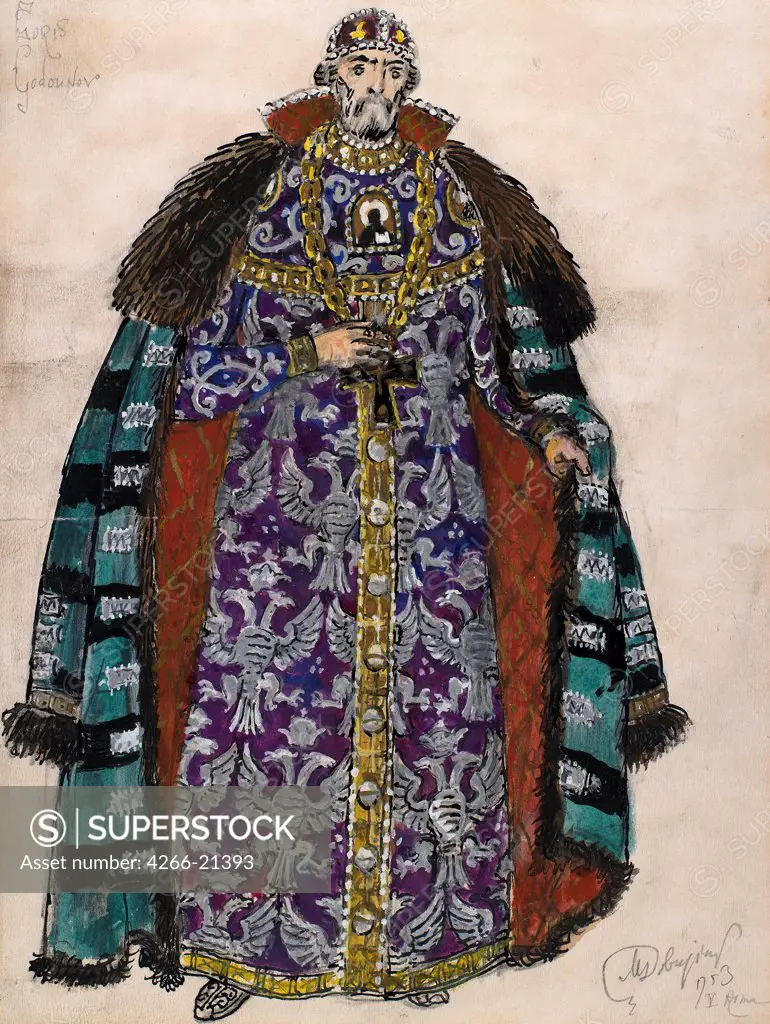 Costume design for the opera Boris Godunov by M. Musorgsky by Dobuzhinsky, Mstislav Valerianovich (1875-1957)/ Private Collection/ 1953/ Russia/ Watercolour, ink, white and gold colours on paper/ Theatrical scenic painting/ 31,5x24/ Opera, Ballet, Theatr