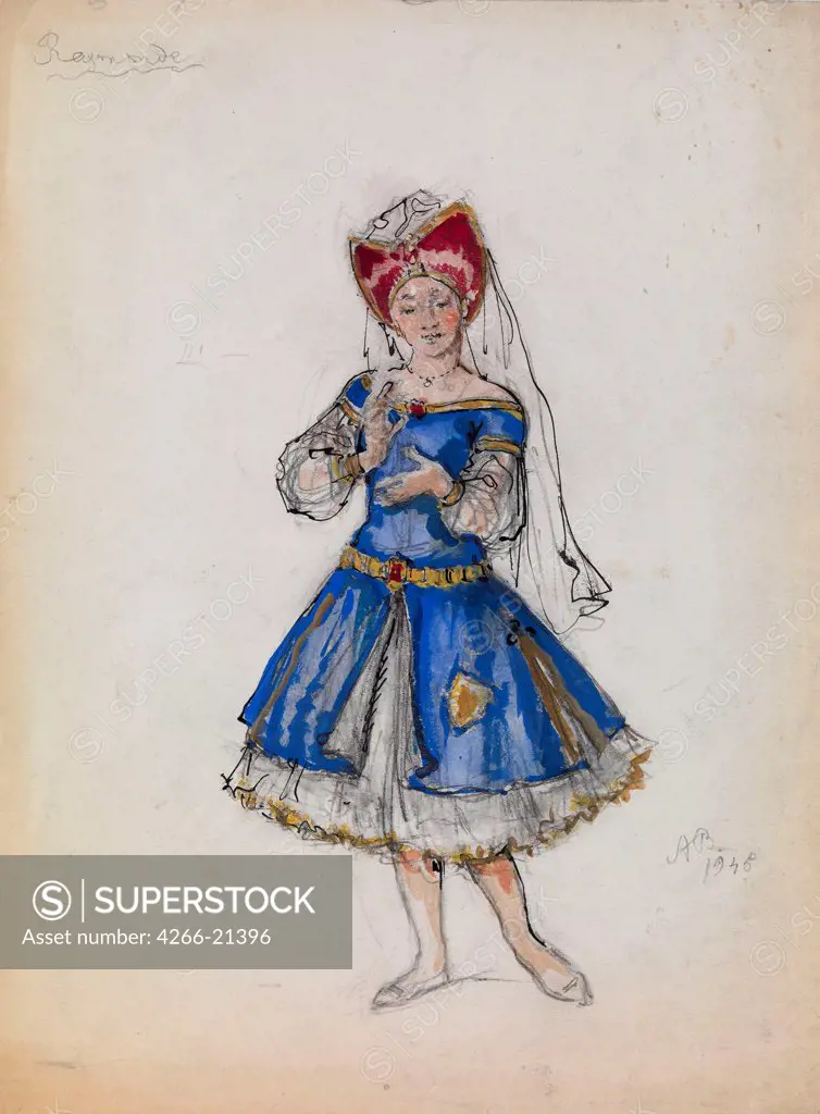 Costume design for the ballet Raymonda by A. Glazunov by Benois, Alexander Nikolayevich (1870-1960)/ Private Collection/ 1945/ Russia/ Watercolour, gouache, ink and pen on paper/ Theatrical scenic painting/ 33x25,5/ Opera, Ballet, Theatre