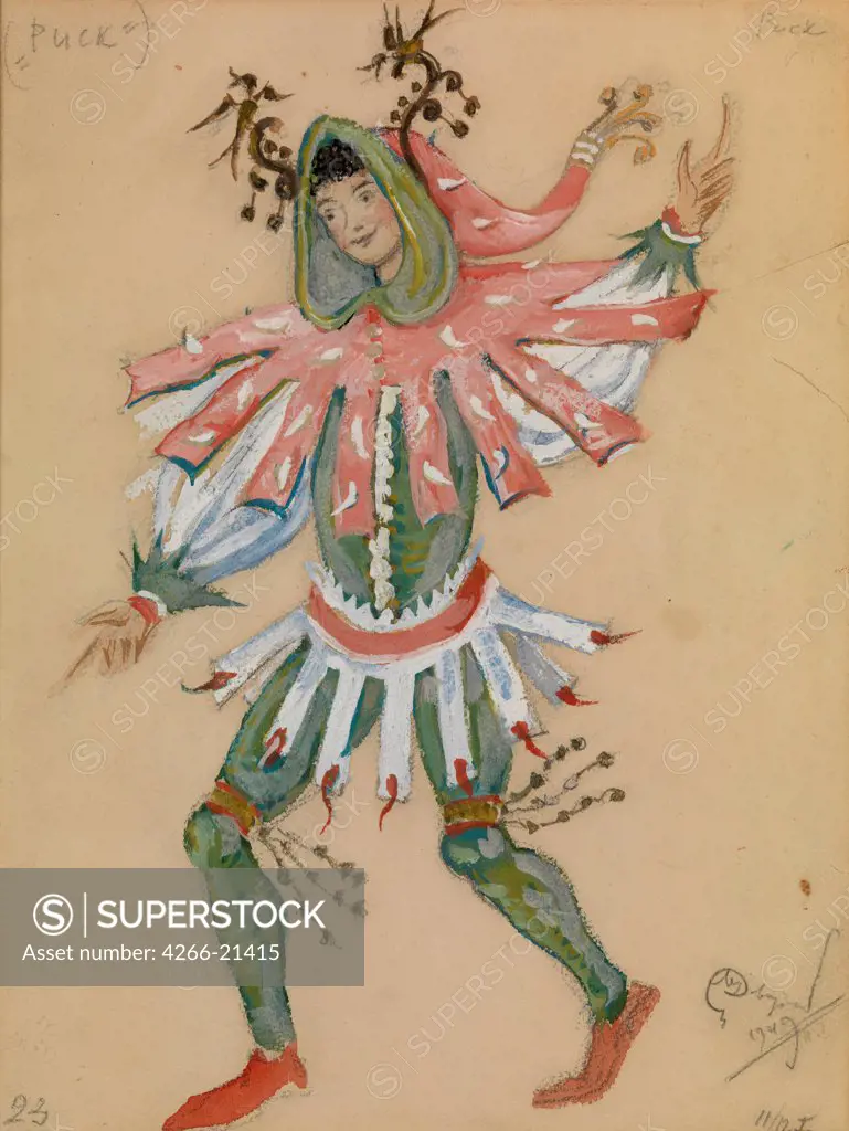 Costume design for the theatre play 'A Midsummer Night's Dream' by W. Shakespeare by Dobuzhinsky, Mstislav Valerianovich (1875-1957)/ Private Collection/ 1949/ Russia/ Gouache on paper/ Theatrical scenic painting/ 34,5x24,5/ Opera, Ballet, Theatre